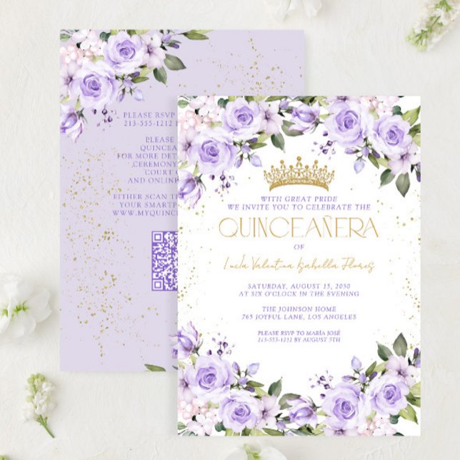Convite Lavanda Dourada Quinceañera Mis Quince 15 Años QR (Criador carregado)
