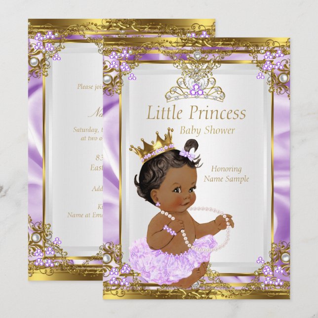 Convite Lavanda Dourado Branco Princesa Chá de Bebê Étnico (Frente/Verso)