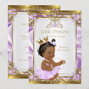 Convite Lavanda Dourado Branco Princesa Chá de Bebê Étnico