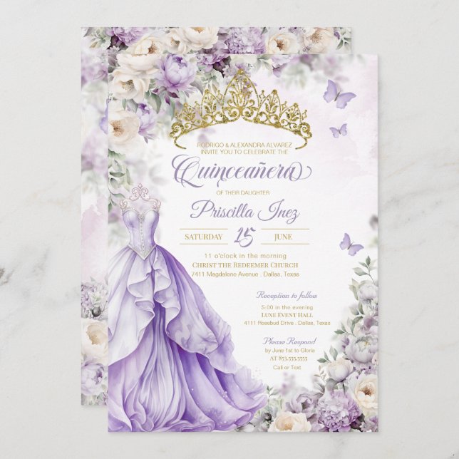 Convite Lavanda e Borboleta Dourada Princesa Quinceañera (Frente/Verso)