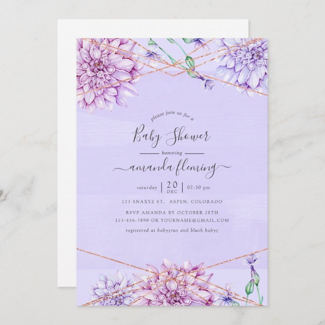 Convite Lavanda e Chá de fraldas geométrico Dourado (Frente/Verso)