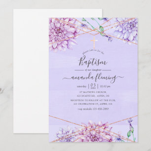 Convite Lavanda e Dourado Floral Geométrico Batismo