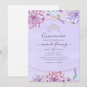 Convite Lavanda e Dourado Floral Geométrico Quinceañera
