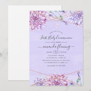 Convite Lavanda e Dourado Floral Geométrico Sagrada Comunh