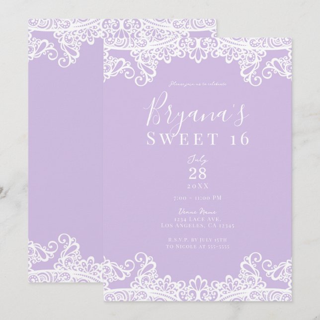 Convite Lavanda e Lace Branco Festa 16 Elegante Sweet (Frente/Verso)