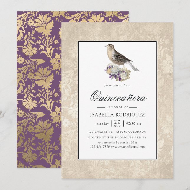 Convite Lavanda e Marfim Quinceañera Vintage (Frente/Verso)