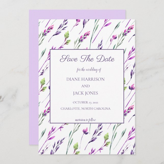 Convite Lavanda e Verde Aquarela Save the Date Casamento (Frente/Verso)