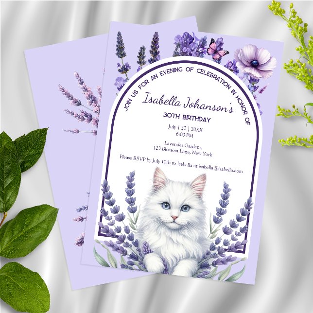 Convite Lavanda Elegante e Aniversário de Gato Branco (Criador carregado)