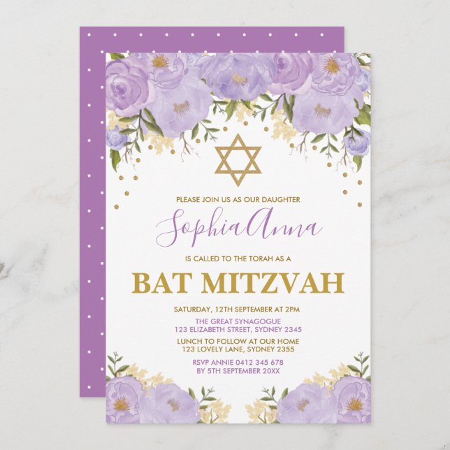 Convite Lavanda Elegante e Bat Floral Dourado Mitzvah (Frente/Verso)