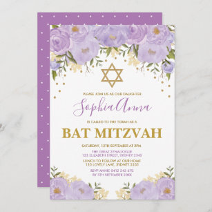 Convite Lavanda Elegante e Bat Floral Dourado Mitzvah