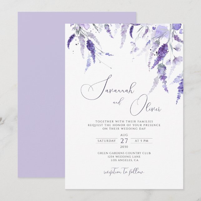 Convite Lavanda Elegante Púrpura Floral LilacCasamento (Frente/Verso)