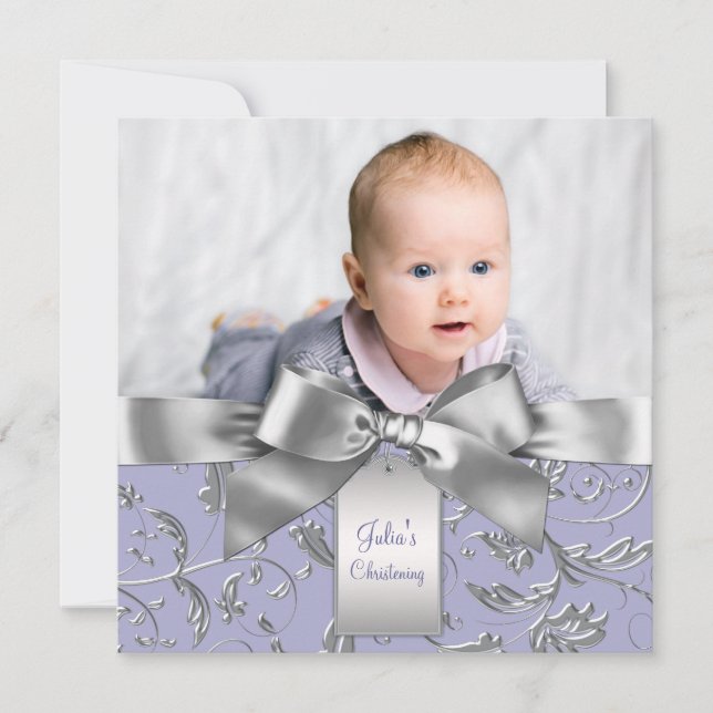 Convite Lavanda Elegante Roxo e Cinza Christening (Frente)