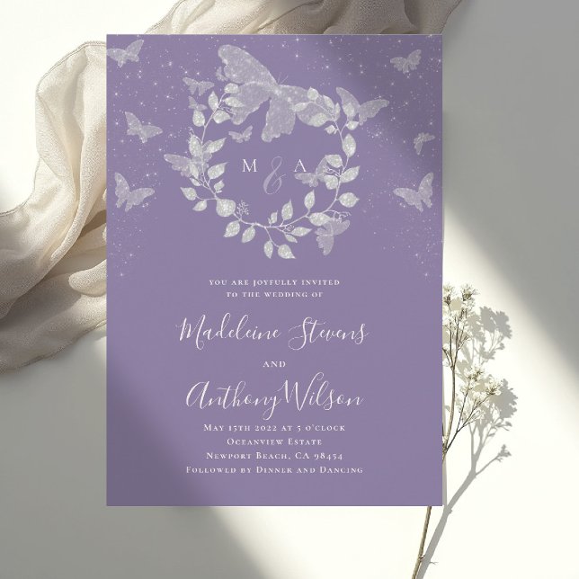 Convite Lavanda Eucalipto Borboleta Romântica Casamento (lavender wedding invitation butterfly eucalyptus modern classic romantic elegant initial calligraphy)