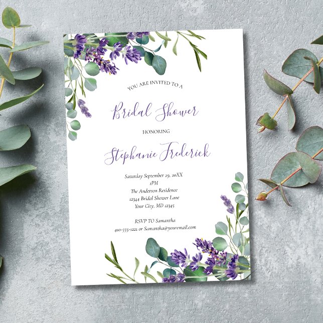Convite Lavanda Eucalyptus Chá de panela verde (Lavender Eucalyptus Elegant Modern Bridal Shower Invitation, Printed and Digital Download)