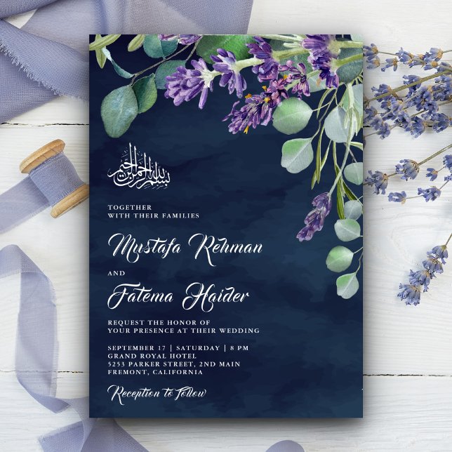 Convite Lavanda Eucalyptus Marinho Casamento Islâmico Azul (Criador carregado)