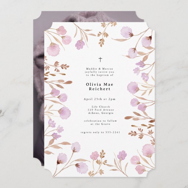Convite Lavanda Flor Roxo Foto de Natal Baptismo (Frente/Verso)