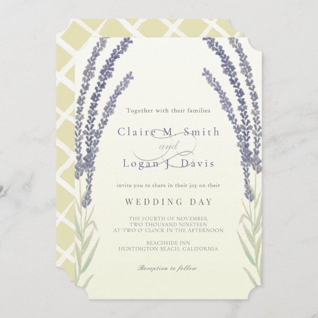 Convite Lavanda Flor Sprigs Watercolor Casamento Amarelo (Frente/Verso)