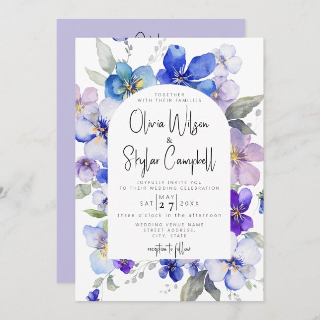 Convite Lavanda Floral Código QR Azul Tudo em Um Casamento (Frente/Verso)