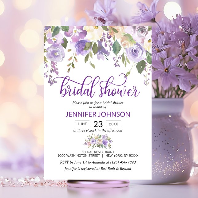 Convite Lavanda Floral de Aquarela Chá de panela Roxo (Watercolor Floral Lavender Purple Bridal Shower Invitation)
