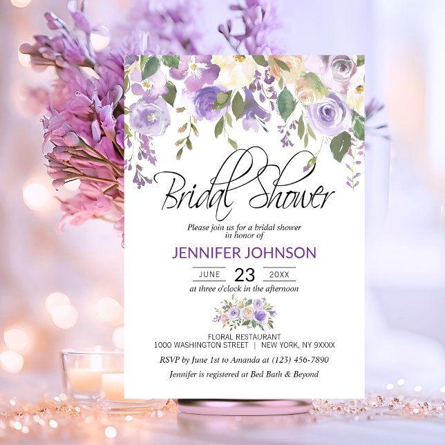 Convite Lavanda Floral de Aquarela Chá de panela Roxo (Watercolor Floral Lavender Purple Bridal Shower Invitation)