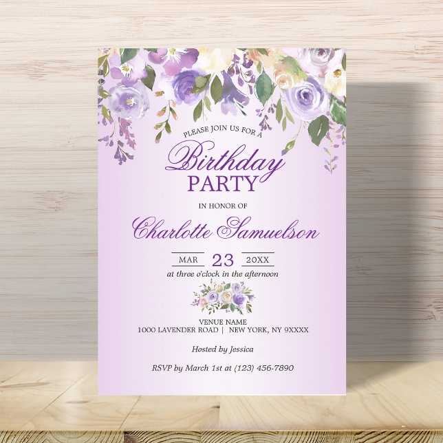 Convite Lavanda Floral de Aquarela Púrpura ANIVERSÁRIO (Criador carregado)