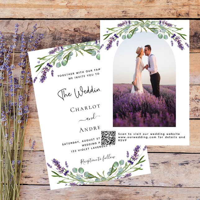 Convite Lavanda floral Foto de arco QR RSVP casamento de l (Criador carregado)