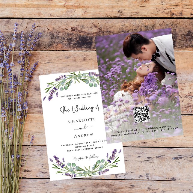 Convite Lavanda floral foto do casamento de luxo QR RSVP (Criador carregado)