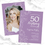 Convite Lavanda Floral - Foto Roxa 50ª Festa de aniversári<br><div class="desc">Dusty Pink Floral Foto 50º Convite de aniversário. Design minimalista moderno com desenhos botânicos em destaque e letra de script de tipografia. Simples trendy convida cartão perfeito para uma festa de na moda. Pode ser personalizado para qualquer idade. Impressos convites Zazzle ou modelo de impressão digital instantânea para download.</div>