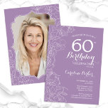 Convite Lavanda Floral - Foto Roxa 60ª Festa de aniversári<br><div class="desc">Lavanda roxa floral 60º Convite de aniversário com sua foto na parte traseira do cartão. Elegante design moderno com desenhos botânicos desenhados em destaque e letra de script de tipografia. Simples trendy convida cartão perfeito para uma festa de na moda. Pode ser personalizado para qualquer idade. Impressos convites Zazzle ou...</div>