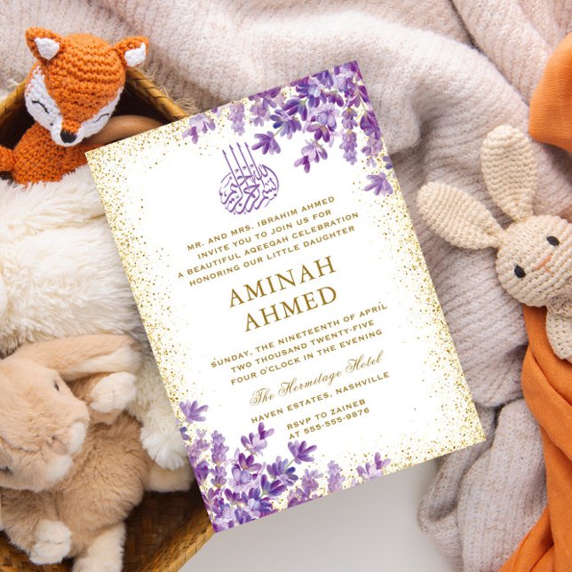 Convite Lavanda Floral Roxo Aqiqa Aqeqa Bebê (Criador carregado)