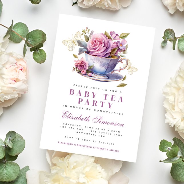 Convite Lavanda Floral Tea Cup Baby Tea Party Chá de frald (Lavender Floral Tea Cup Baby Tea Party Baby Shower Invitation #babyteaparty #babyshowerteaparty
)