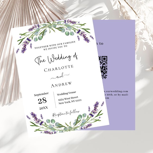 Convite Lavanda floral verde código QR casamento RSVP (Criador carregado)