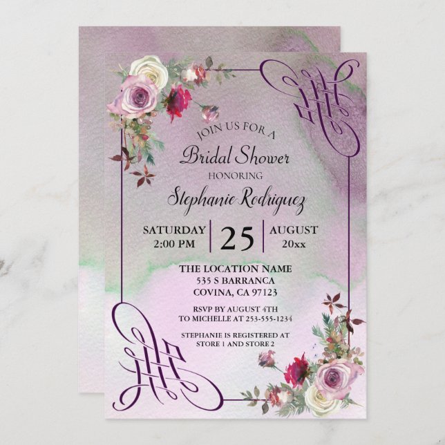 Convite Lavanda Floral Watercolor Chá de panela (Frente/Verso)