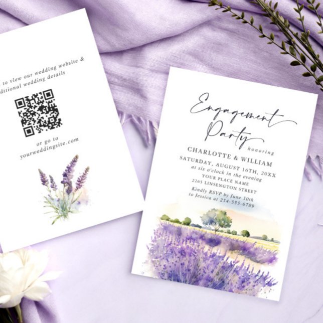 Convite Lavanda Flores Campo Festa de noivado Código QR (Criador carregado)