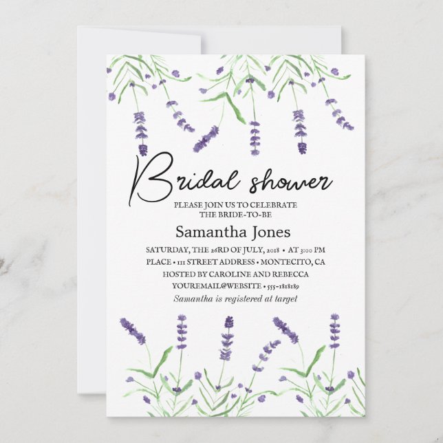 Convite Lavanda Flores de Aquarela Chá de panela Roxo (Frente)