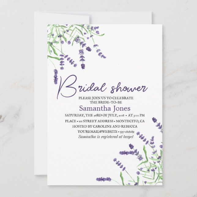 Convite Lavanda Flores de Aquarela Chá de panela Roxo (Frente)