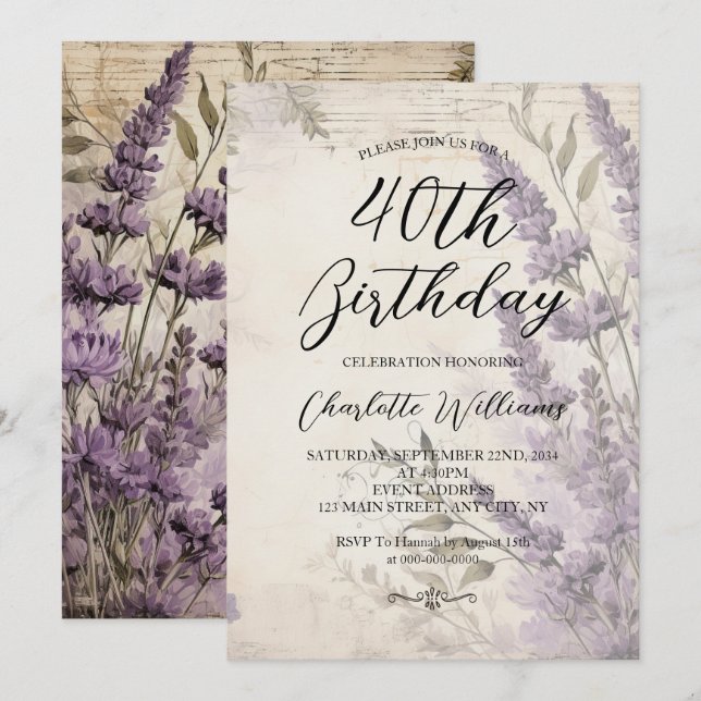 Convite Lavanda Flores Mulheres aniversário de 40 anos (Frente/Verso)