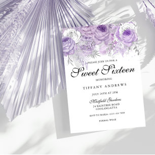 Convite Lavanda Flores Prateadas Brancas Roxas Doce 16