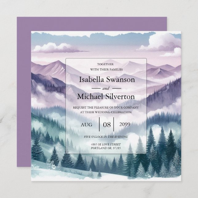 Convite Lavanda Frost no Casamento de Névoa Alpina (Frente/Verso)