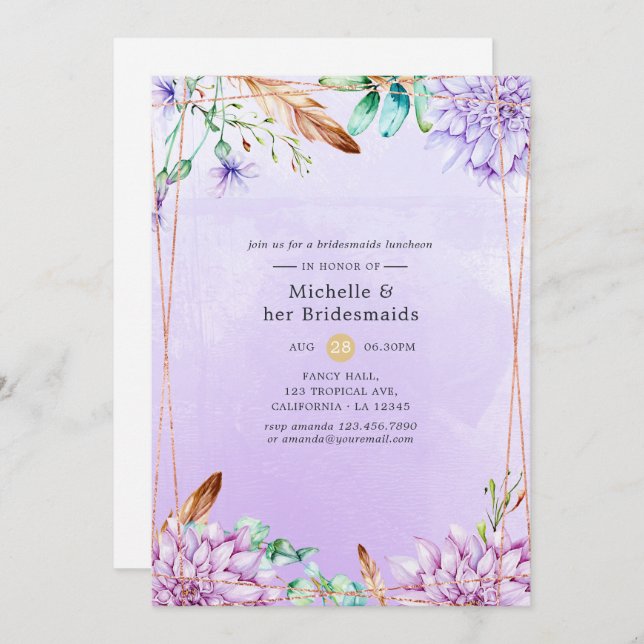 Convite Lavanda Geométrica Floral Bridesmaids Luncheo (Frente/Verso)