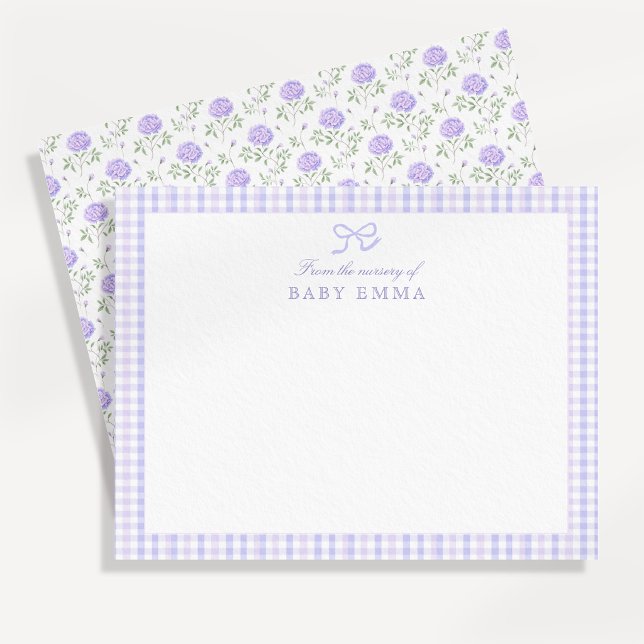 Convite Lavanda Gingham & Floral Baby Note Card (Criador carregado)
