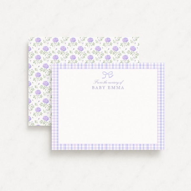 Convite Lavanda Gingham & Floral Baby Note Card (Criador carregado)