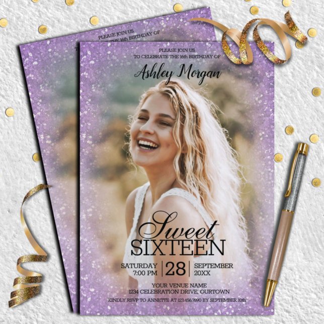 Convite Lavanda Glitter Photo Template Sweet 16 Party (Criador carregado)