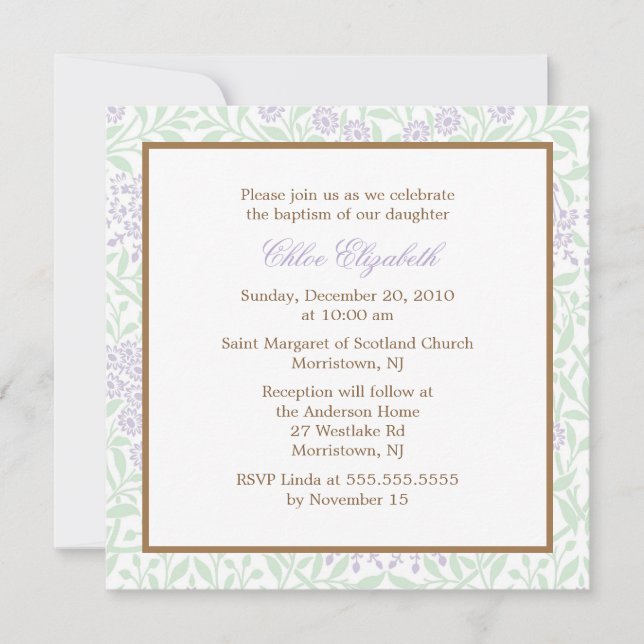 Convite Lavanda Green Floral Damask Christening (Frente)