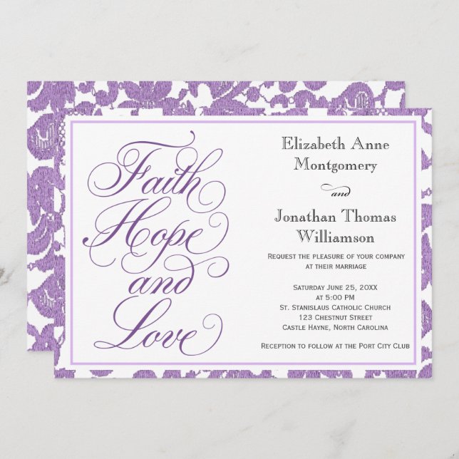 Convite Lavanda Lace Script Faith Hope & Love Casamento (Frente/Verso)