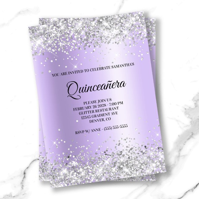 Convite Lavanda Lata Satírica Quinceanera (Silver Glitter Lavender Satin Foil Quinceanera Invitation)