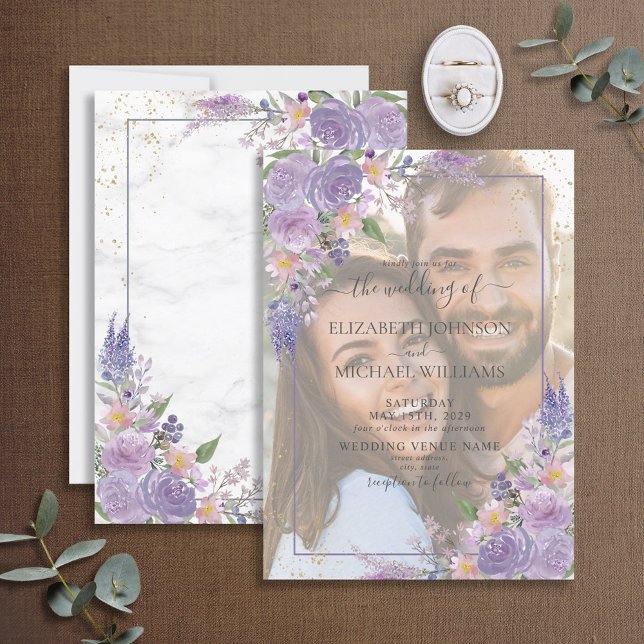 Convite Lavanda Lilac Dourado Vellum Overlay Casamento Fot (Criador carregado)