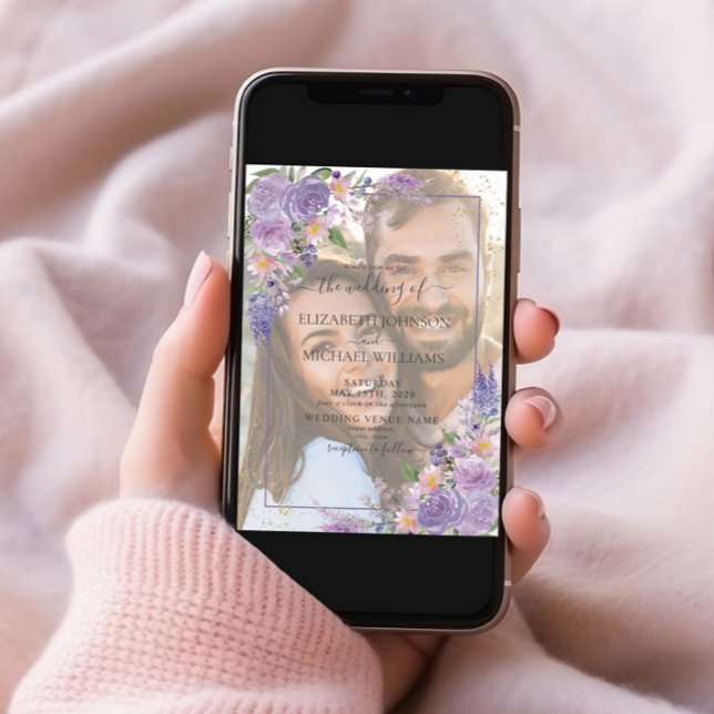 Convite Lavanda Lilac Dourado Vellum Overlay Casamento Fot (Criador carregado)