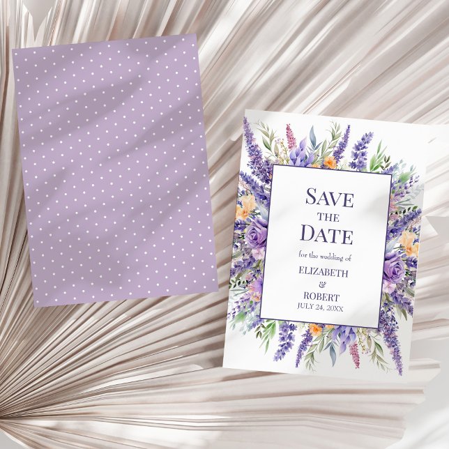 Convite Lavanda Lilac Watercolor Wildflower Save Date (Lavender Lilac Watercolor Wildflower Save The Date Invitation on a sunny neutral dry palm leaf.)