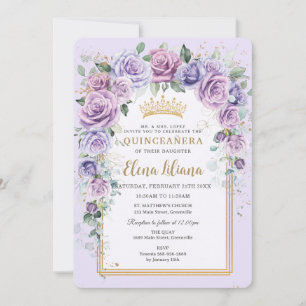 Convite Lavanda Lilás Chic Roxo Quinceañera Dourada Floral